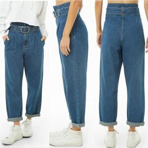 Forever 21 Jeans High-Rise Paperbag Belted Baggy Tapered Cuffed Medium Wash 26